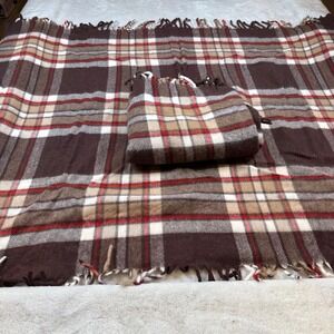 Faribo Wool Blanket Plaid Brown Red White Fringe Travel Camping‎ Cozy - Pair
